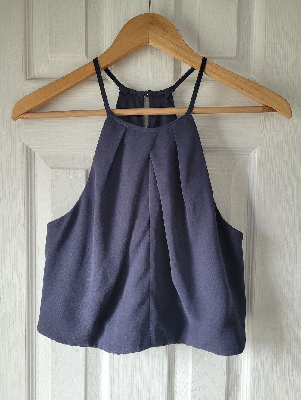 Azazie A10 Dusty Blue High Neck Halter Cropped Blouse Sleeveless Lined Top